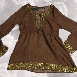 Y2K 2000s Brown Sheer and Gold Sequin Boho Hippie Blouse size Small